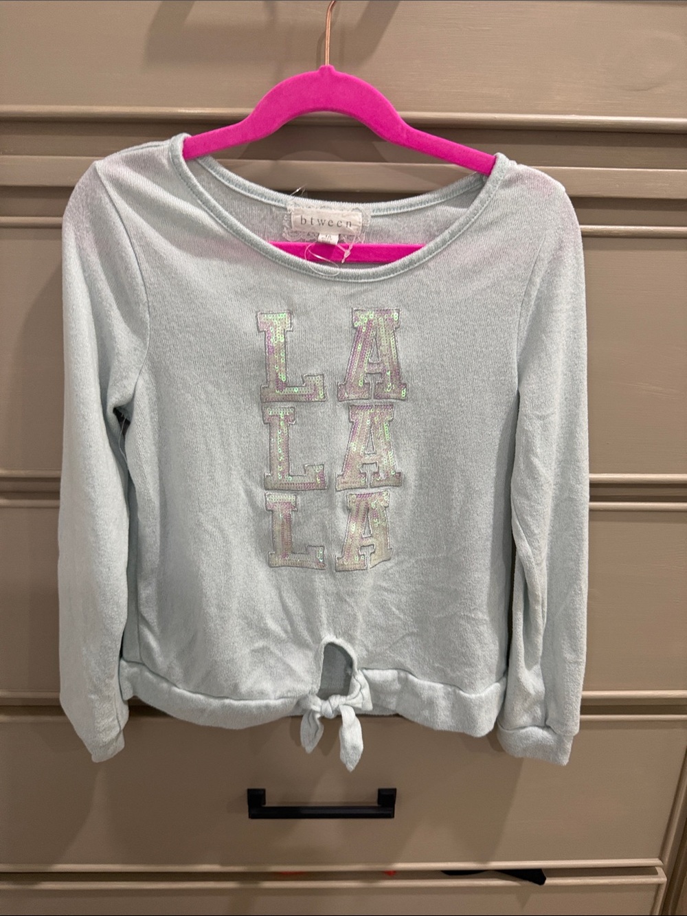 btween Light Blue Long Sleeve Tie-Hem Top with Iridescent LA Letters
